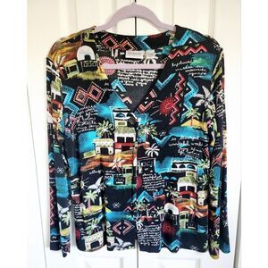 Chico's Travelers 1 Slinky Black & Multi Tropical Village Print Jacket Medium‎